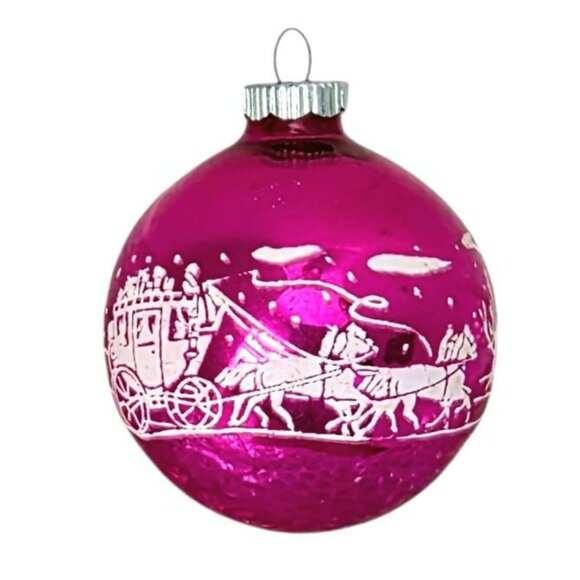 VTG Shiny Brite Stencil Stagecoach Pink Glass Christmas Ornament Horses Snow MCM - Picture 12 of 12